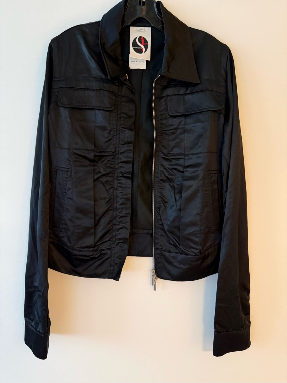 Plein Sud Black Black Satin Bomber Jacket w Zip Details Size FR 40 US 8